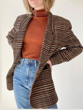Vintage Checkered Plaid Blazer Wool Oversized Buttons Neutral Classic 10 M VTG